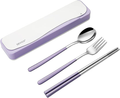 Travel Utensils with Case, 4Pcs Portable Silverware Set for Work, 18/8 Stainless Steel Reusable Cutlery, Korean Spoon and Chopsticks Fork for Camping, School, Lunch Box Accessories (Pink)