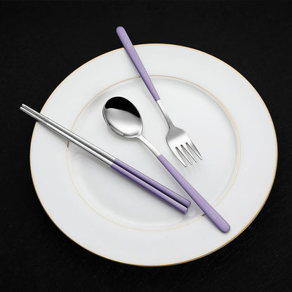 Travel Utensils with Case, 4Pcs Portable Silverware Set for Work, 18/8 Stainless Steel Reusable Cutlery, Korean Spoon and Chopsticks Fork for Camping, School, Lunch Box Accessories (Pink)