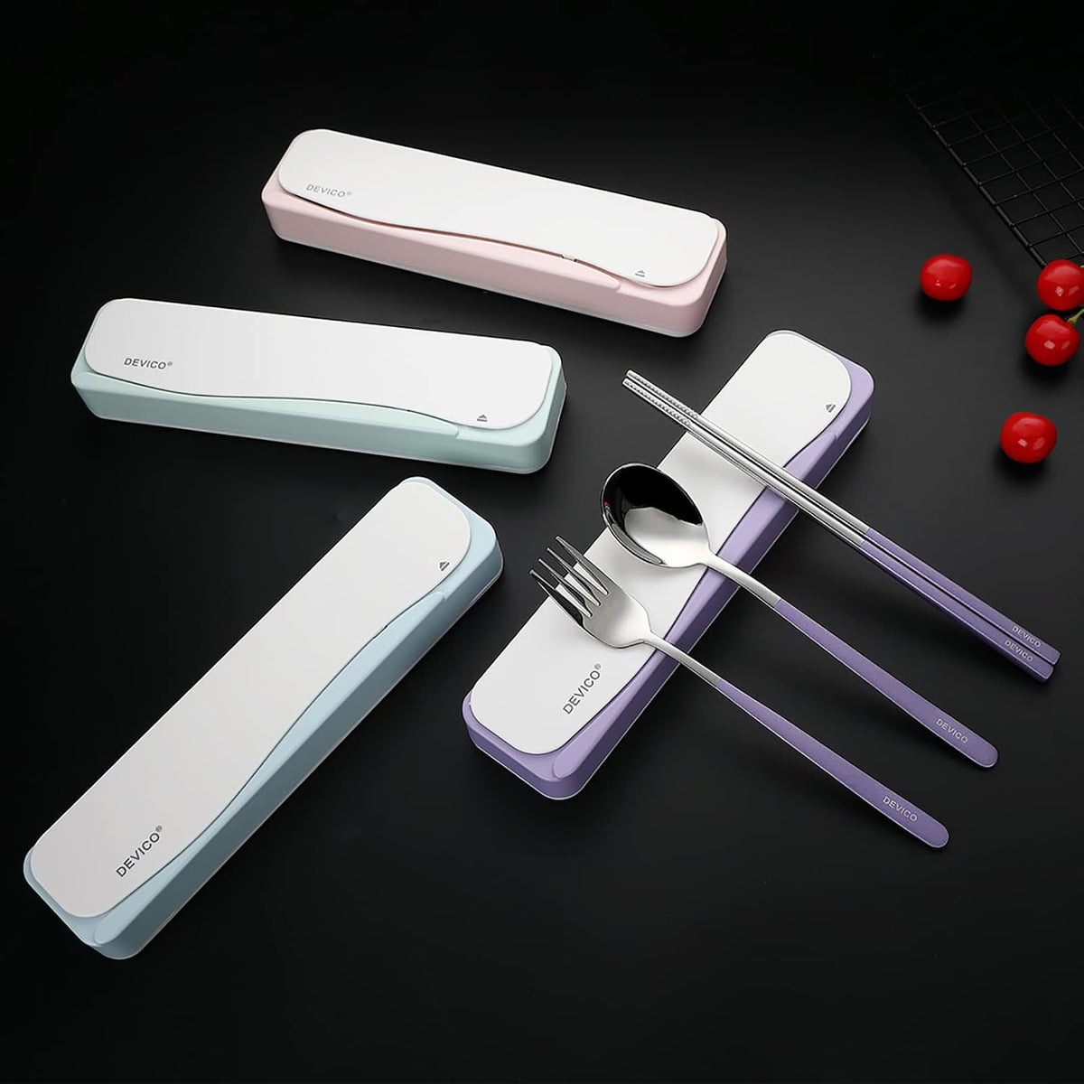 Travel Utensils with Case, 4Pcs Portable Silverware Set for Work, 18/8 Stainless Steel Reusable Cutlery, Korean Spoon and Chopsticks Fork for Camping, School, Lunch Box Accessories (Pink)
