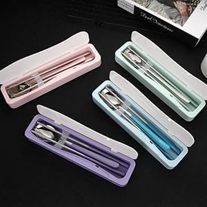 Travel Utensils with Case, 4Pcs Portable Silverware Set for Work, 18/8 Stainless Steel Reusable Cutlery, Korean Spoon and Chopsticks Fork for Camping, School, Lunch Box Accessories (Pink)