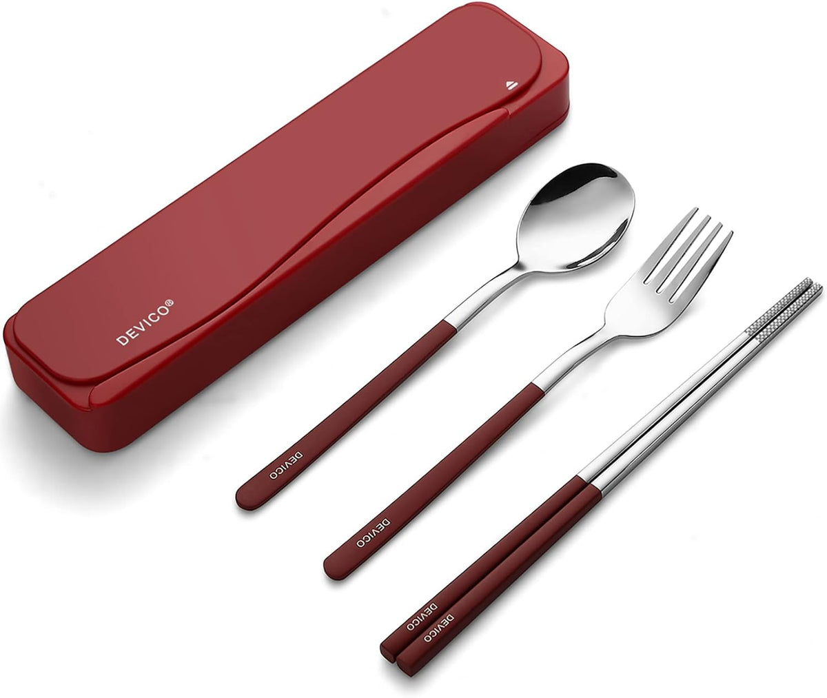 Travel Utensils with Case, 4Pcs Portable Silverware Set for Work, 18/8 Stainless Steel Reusable Cutlery, Korean Spoon and Chopsticks Fork for Camping, School, Lunch Box Accessories (Pink)