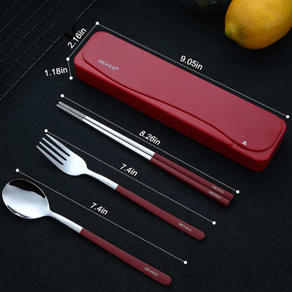 Travel Utensils with Case, 4Pcs Portable Silverware Set for Work, 18/8 Stainless Steel Reusable Cutlery, Korean Spoon and Chopsticks Fork for Camping, School, Lunch Box Accessories (Pink)