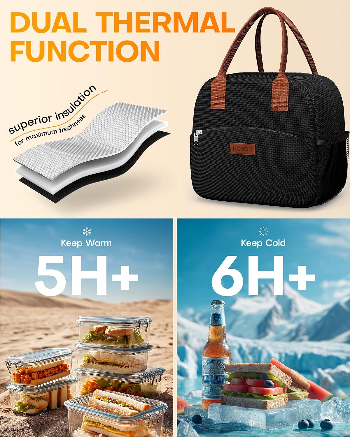 Lunch Bag Women Men Insulated Lunch Box Black 10L