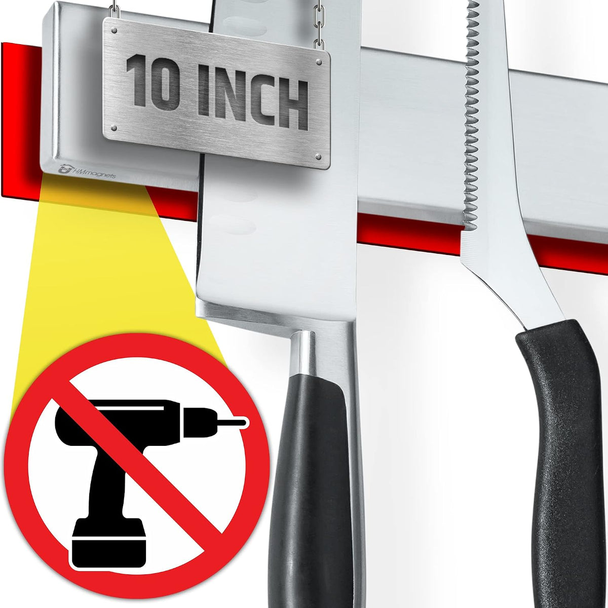 10" Strong Adhesive (No Drill) Magnetic Knife Holder for Wall - Professional Knife Strip - No Screws Needed - Adhesive Backing - Stainless Steel Bar (Upgraded Version – Will Not Fall)