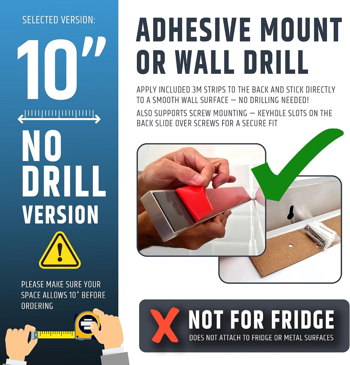 10" Strong Adhesive (No Drill) Magnetic Knife Holder for Wall - Professional Knife Strip - No Screws Needed - Adhesive Backing - Stainless Steel Bar (Upgraded Version – Will Not Fall)
