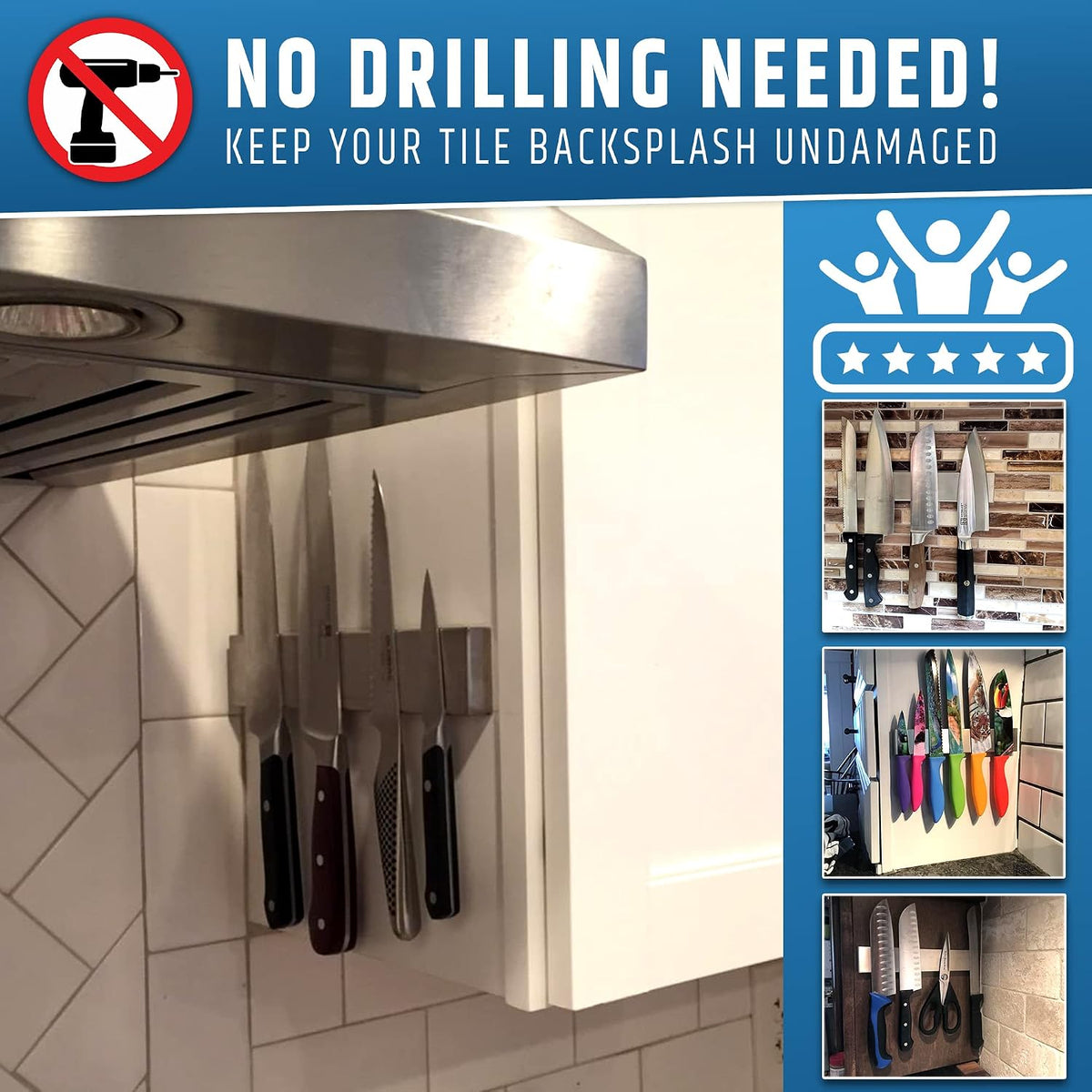 10" Strong Adhesive (No Drill) Magnetic Knife Holder for Wall - Professional Knife Strip - No Screws Needed - Adhesive Backing - Stainless Steel Bar (Upgraded Version – Will Not Fall)