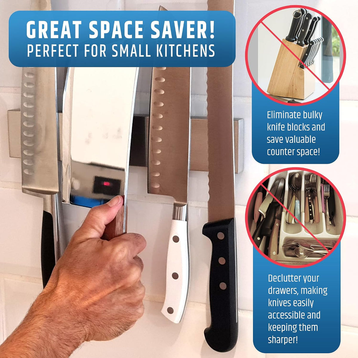 10" Strong Adhesive (No Drill) Magnetic Knife Holder for Wall - Professional Knife Strip - No Screws Needed - Adhesive Backing - Stainless Steel Bar (Upgraded Version – Will Not Fall)