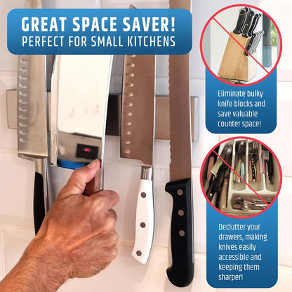 10" Strong Adhesive (No Drill) Magnetic Knife Holder for Wall - Professional Knife Strip - No Screws Needed - Adhesive Backing - Stainless Steel Bar (Upgraded Version – Will Not Fall)