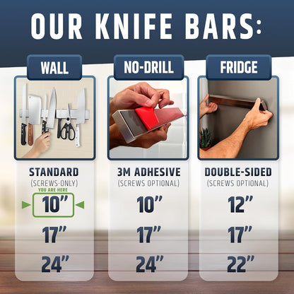 10" Strong Adhesive (No Drill) Magnetic Knife Holder for Wall - Professional Knife Strip - No Screws Needed - Adhesive Backing - Stainless Steel Bar (Upgraded Version – Will Not Fall)