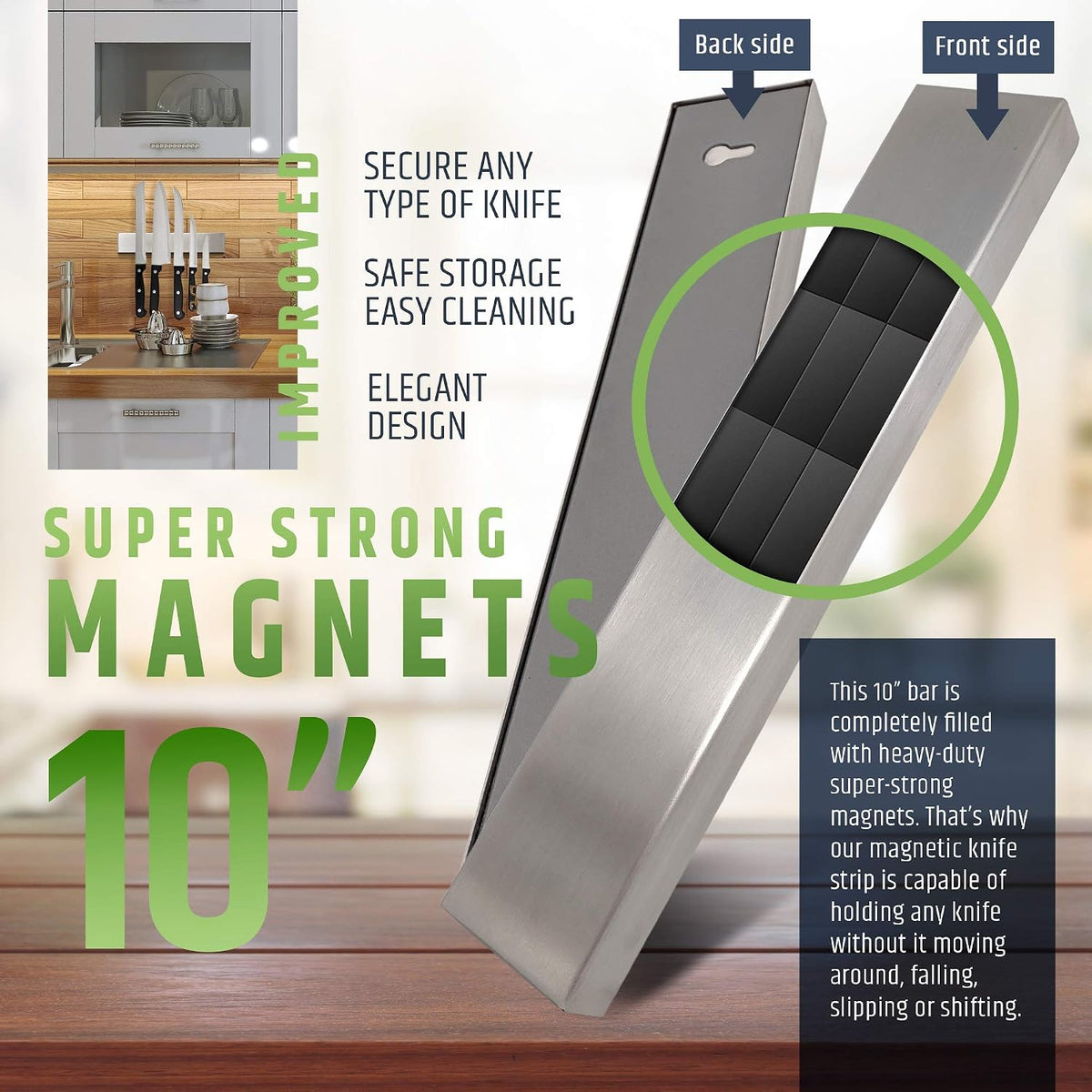 10" Strong Adhesive (No Drill) Magnetic Knife Holder for Wall - Professional Knife Strip - No Screws Needed - Adhesive Backing - Stainless Steel Bar (Upgraded Version – Will Not Fall)