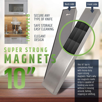 10" Strong Adhesive (No Drill) Magnetic Knife Holder for Wall - Professional Knife Strip - No Screws Needed - Adhesive Backing - Stainless Steel Bar (Upgraded Version – Will Not Fall)
