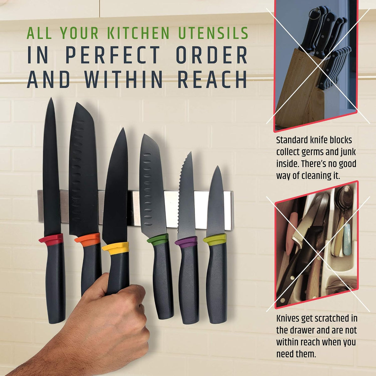 10" Strong Adhesive (No Drill) Magnetic Knife Holder for Wall - Professional Knife Strip - No Screws Needed - Adhesive Backing - Stainless Steel Bar (Upgraded Version – Will Not Fall)