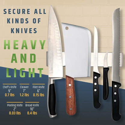 10" Strong Adhesive (No Drill) Magnetic Knife Holder for Wall - Professional Knife Strip - No Screws Needed - Adhesive Backing - Stainless Steel Bar (Upgraded Version – Will Not Fall)