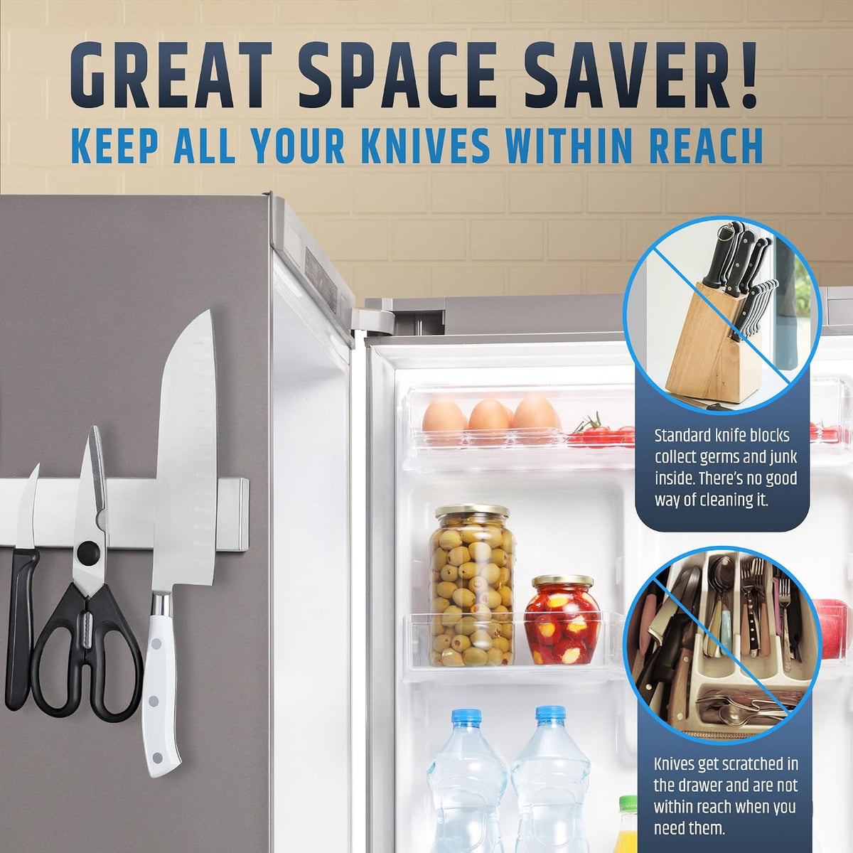 10" Strong Adhesive (No Drill) Magnetic Knife Holder for Wall - Professional Knife Strip - No Screws Needed - Adhesive Backing - Stainless Steel Bar (Upgraded Version – Will Not Fall)