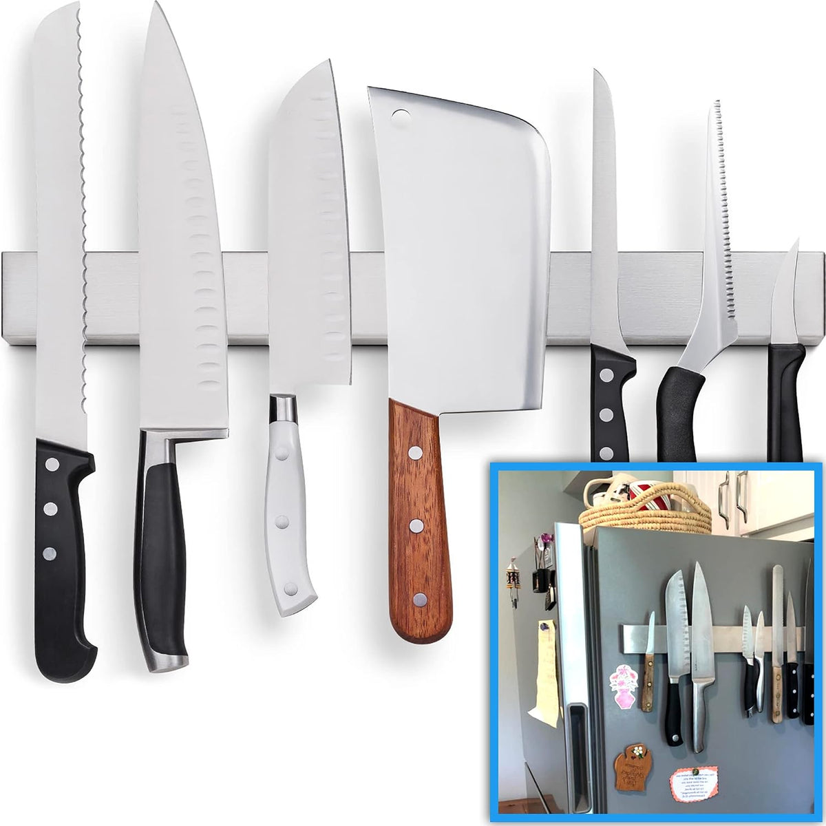 10" Strong Adhesive (No Drill) Magnetic Knife Holder for Wall - Professional Knife Strip - No Screws Needed - Adhesive Backing - Stainless Steel Bar (Upgraded Version – Will Not Fall)