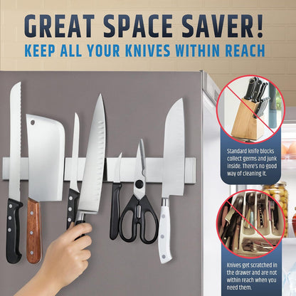 10" Strong Adhesive (No Drill) Magnetic Knife Holder for Wall - Professional Knife Strip - No Screws Needed - Adhesive Backing - Stainless Steel Bar (Upgraded Version – Will Not Fall)