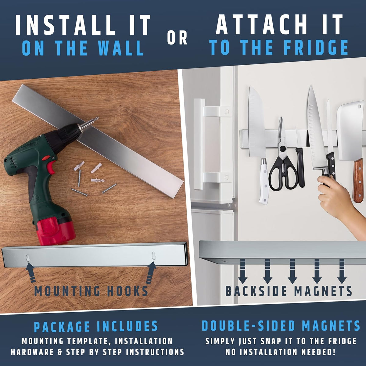 10" Strong Adhesive (No Drill) Magnetic Knife Holder for Wall - Professional Knife Strip - No Screws Needed - Adhesive Backing - Stainless Steel Bar (Upgraded Version – Will Not Fall)