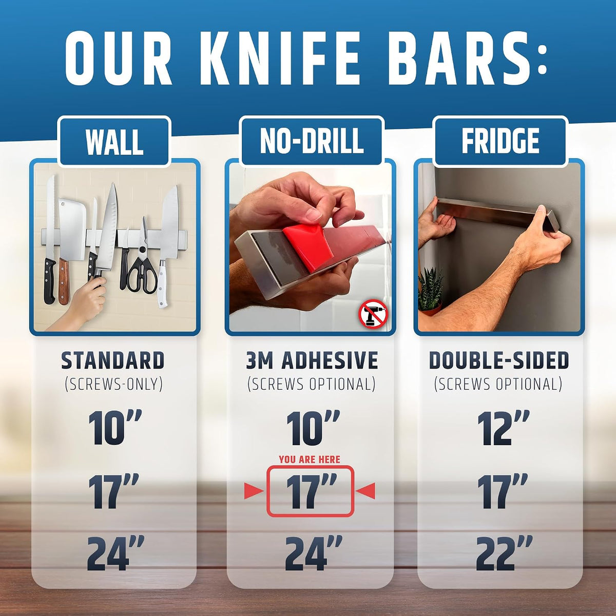 10" Strong Adhesive (No Drill) Magnetic Knife Holder for Wall - Professional Knife Strip - No Screws Needed - Adhesive Backing - Stainless Steel Bar (Upgraded Version – Will Not Fall)