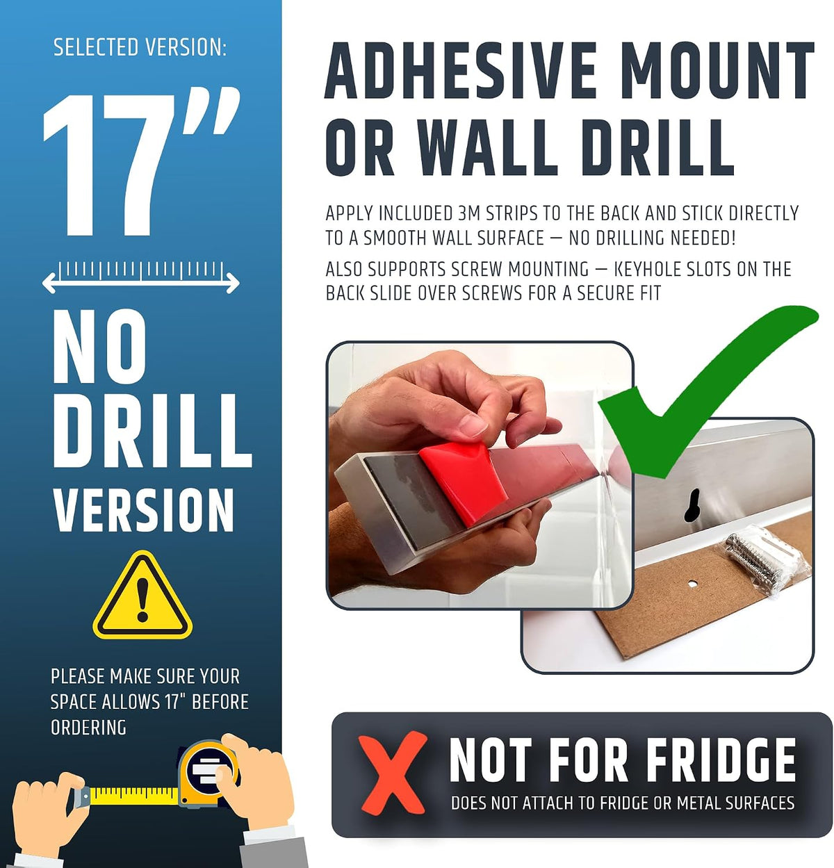 10" Strong Adhesive (No Drill) Magnetic Knife Holder for Wall - Professional Knife Strip - No Screws Needed - Adhesive Backing - Stainless Steel Bar (Upgraded Version – Will Not Fall)