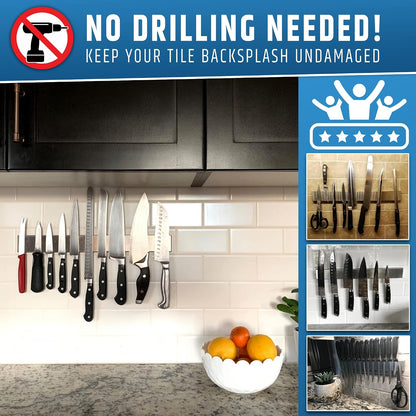 10" Strong Adhesive (No Drill) Magnetic Knife Holder for Wall - Professional Knife Strip - No Screws Needed - Adhesive Backing - Stainless Steel Bar (Upgraded Version – Will Not Fall)