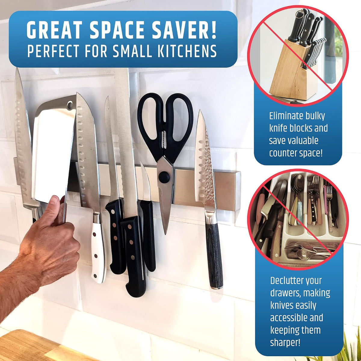 10" Strong Adhesive (No Drill) Magnetic Knife Holder for Wall - Professional Knife Strip - No Screws Needed - Adhesive Backing - Stainless Steel Bar (Upgraded Version – Will Not Fall)