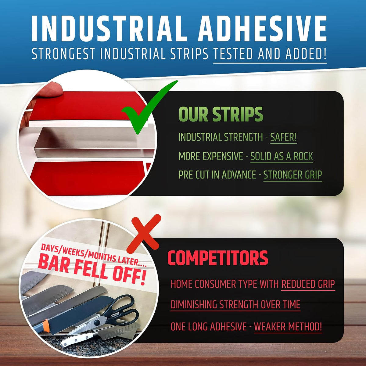 10" Strong Adhesive (No Drill) Magnetic Knife Holder for Wall - Professional Knife Strip - No Screws Needed - Adhesive Backing - Stainless Steel Bar (Upgraded Version – Will Not Fall)