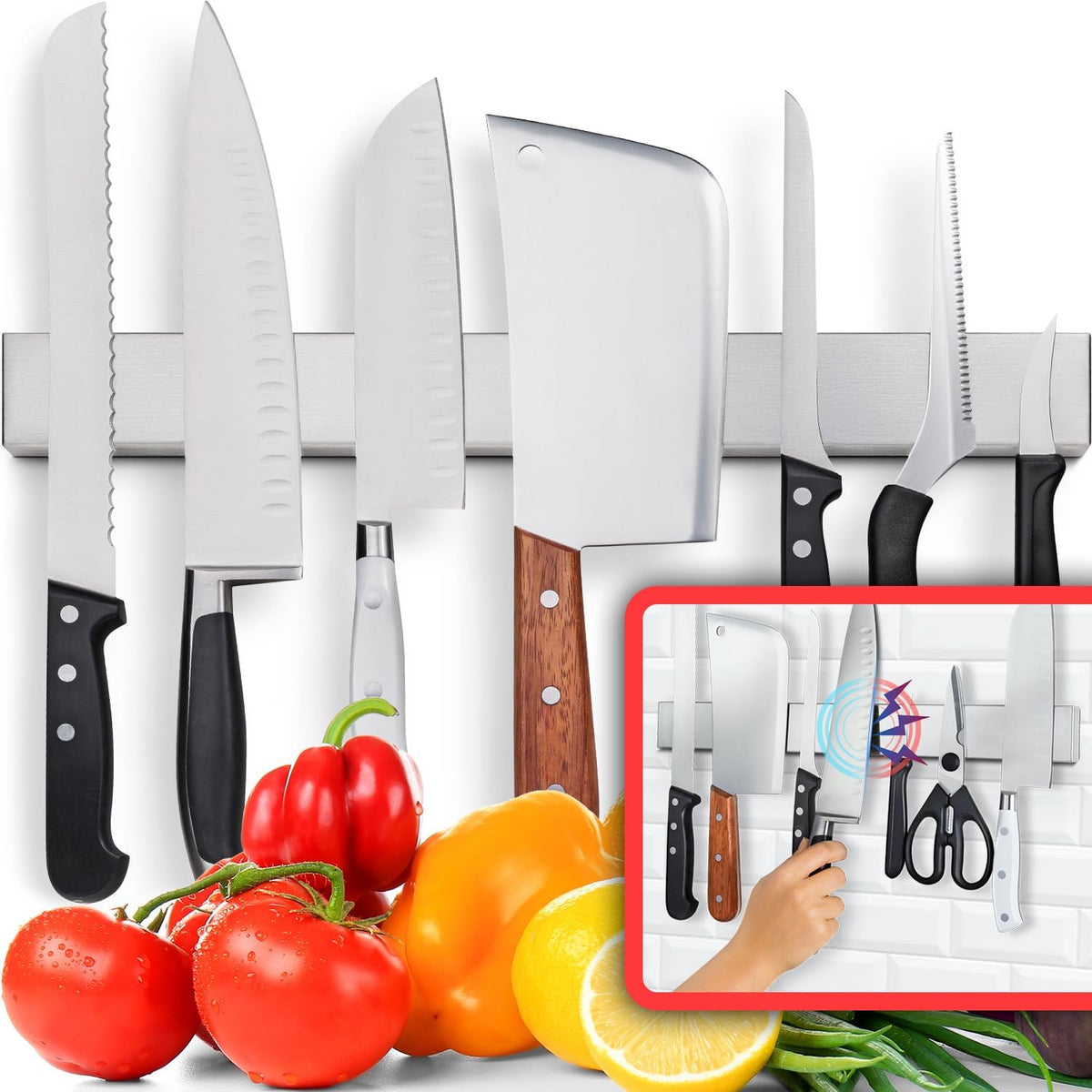 10" Strong Adhesive (No Drill) Magnetic Knife Holder for Wall - Professional Knife Strip - No Screws Needed - Adhesive Backing - Stainless Steel Bar (Upgraded Version – Will Not Fall)