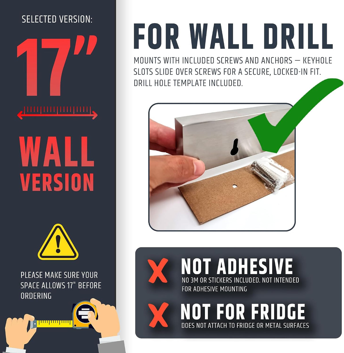 10" Strong Adhesive (No Drill) Magnetic Knife Holder for Wall - Professional Knife Strip - No Screws Needed - Adhesive Backing - Stainless Steel Bar (Upgraded Version – Will Not Fall)