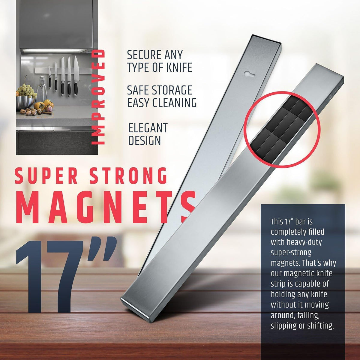 10" Strong Adhesive (No Drill) Magnetic Knife Holder for Wall - Professional Knife Strip - No Screws Needed - Adhesive Backing - Stainless Steel Bar (Upgraded Version – Will Not Fall)
