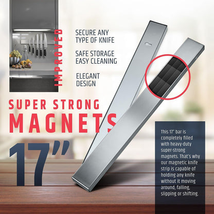 10" Strong Adhesive (No Drill) Magnetic Knife Holder for Wall - Professional Knife Strip - No Screws Needed - Adhesive Backing - Stainless Steel Bar (Upgraded Version – Will Not Fall)
