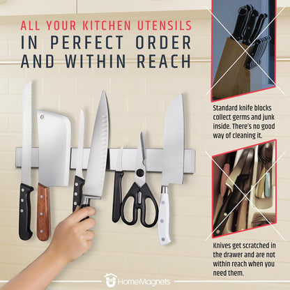 10" Strong Adhesive (No Drill) Magnetic Knife Holder for Wall - Professional Knife Strip - No Screws Needed - Adhesive Backing - Stainless Steel Bar (Upgraded Version – Will Not Fall)