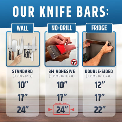 10" Strong Adhesive (No Drill) Magnetic Knife Holder for Wall - Professional Knife Strip - No Screws Needed - Adhesive Backing - Stainless Steel Bar (Upgraded Version – Will Not Fall)