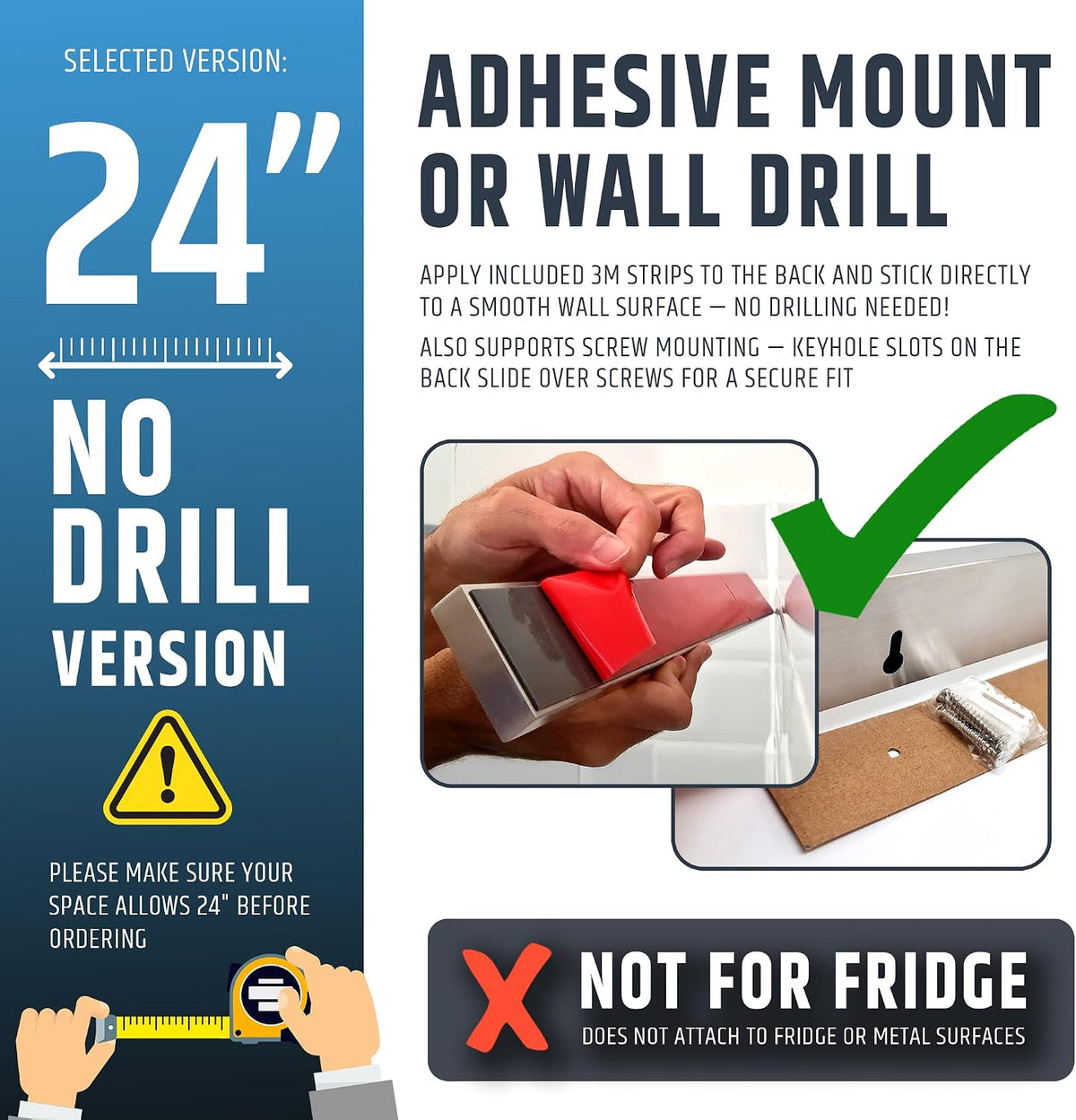 10" Strong Adhesive (No Drill) Magnetic Knife Holder for Wall - Professional Knife Strip - No Screws Needed - Adhesive Backing - Stainless Steel Bar (Upgraded Version – Will Not Fall)