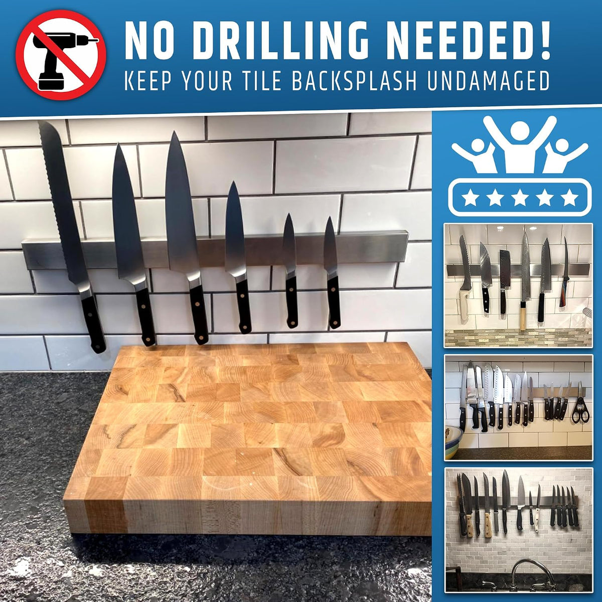 10" Strong Adhesive (No Drill) Magnetic Knife Holder for Wall - Professional Knife Strip - No Screws Needed - Adhesive Backing - Stainless Steel Bar (Upgraded Version – Will Not Fall)