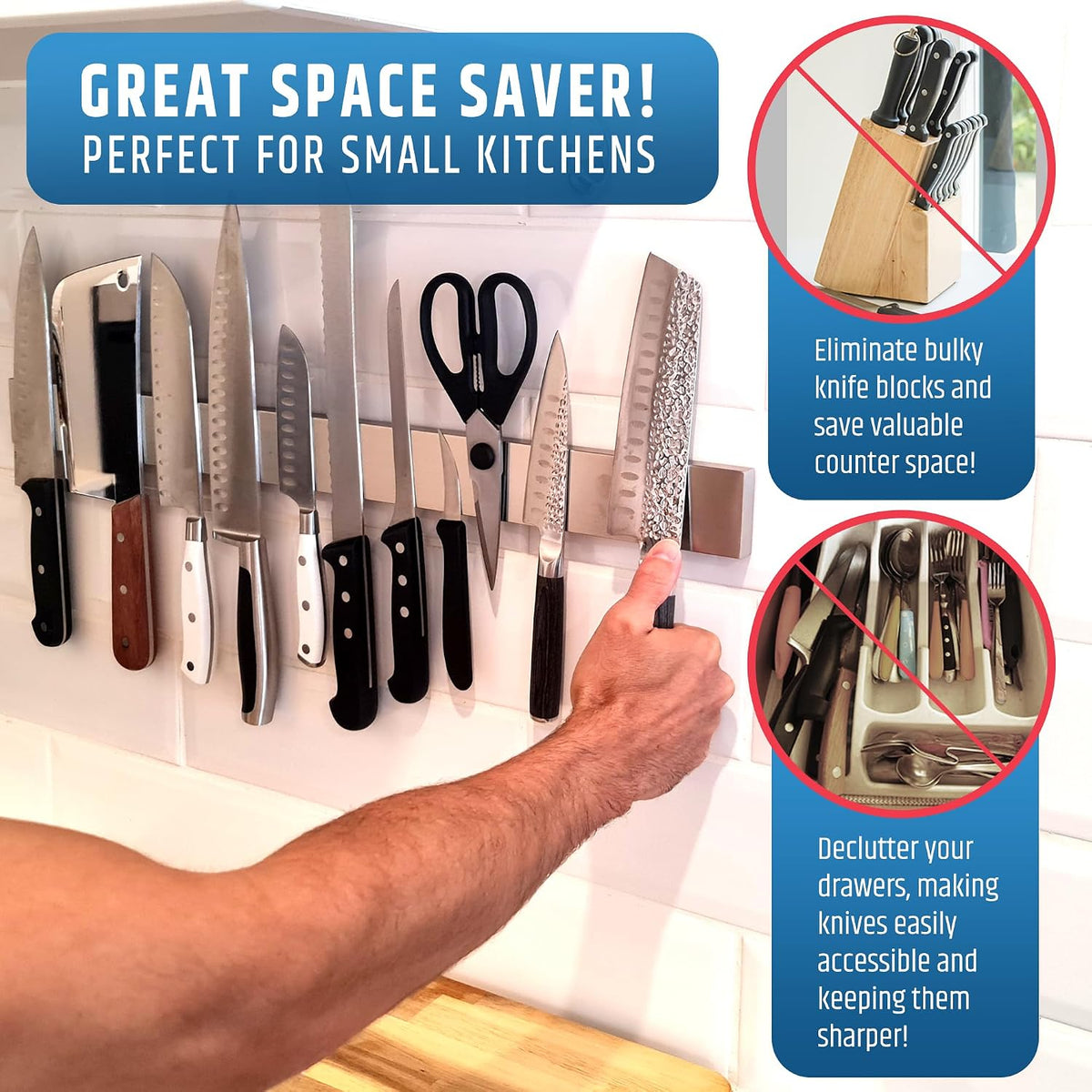 10" Strong Adhesive (No Drill) Magnetic Knife Holder for Wall - Professional Knife Strip - No Screws Needed - Adhesive Backing - Stainless Steel Bar (Upgraded Version – Will Not Fall)