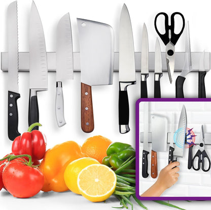 10" Strong Adhesive (No Drill) Magnetic Knife Holder for Wall - Professional Knife Strip - No Screws Needed - Adhesive Backing - Stainless Steel Bar (Upgraded Version – Will Not Fall)