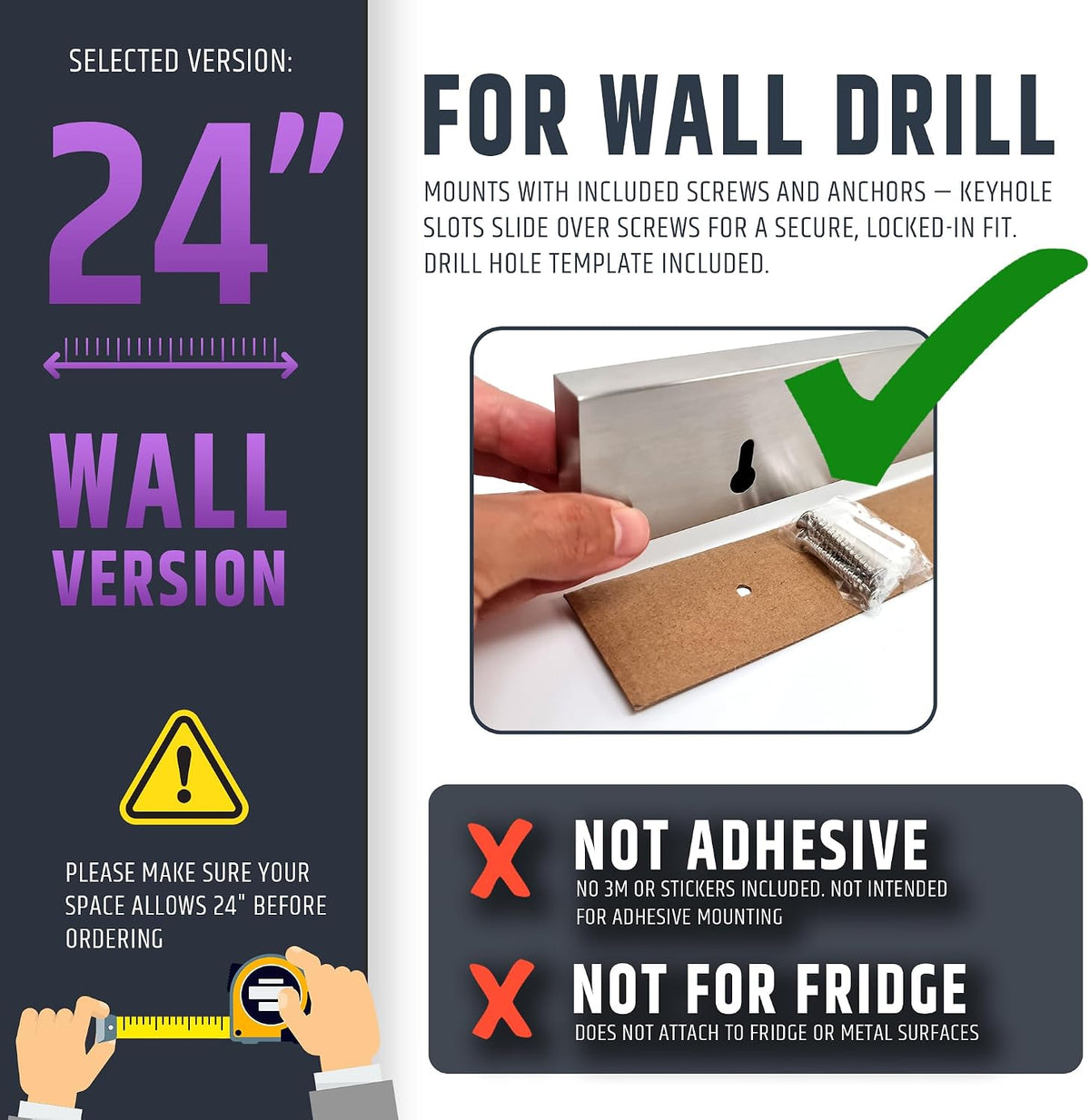 10" Strong Adhesive (No Drill) Magnetic Knife Holder for Wall - Professional Knife Strip - No Screws Needed - Adhesive Backing - Stainless Steel Bar (Upgraded Version – Will Not Fall)