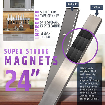 10" Strong Adhesive (No Drill) Magnetic Knife Holder for Wall - Professional Knife Strip - No Screws Needed - Adhesive Backing - Stainless Steel Bar (Upgraded Version – Will Not Fall)