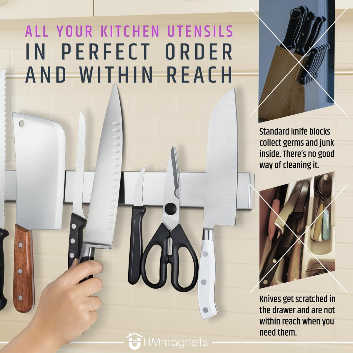 10" Strong Adhesive (No Drill) Magnetic Knife Holder for Wall - Professional Knife Strip - No Screws Needed - Adhesive Backing - Stainless Steel Bar (Upgraded Version – Will Not Fall)