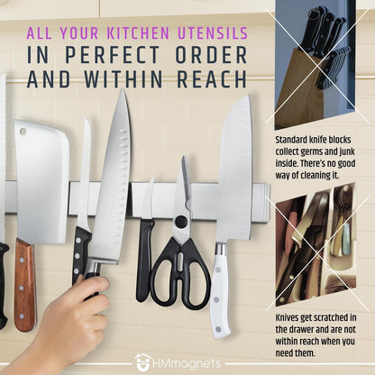 10" Strong Adhesive (No Drill) Magnetic Knife Holder for Wall - Professional Knife Strip - No Screws Needed - Adhesive Backing - Stainless Steel Bar (Upgraded Version – Will Not Fall)