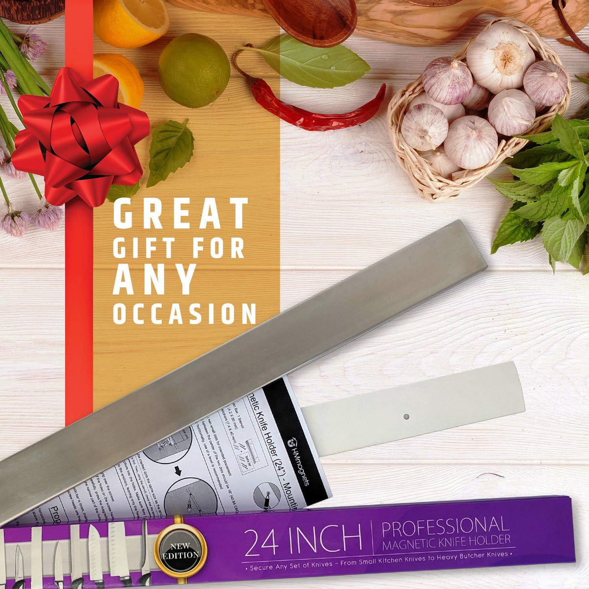 10" Strong Adhesive (No Drill) Magnetic Knife Holder for Wall - Professional Knife Strip - No Screws Needed - Adhesive Backing - Stainless Steel Bar (Upgraded Version – Will Not Fall)