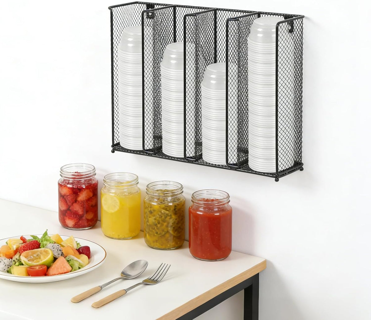 Wall Mount Portion Sauce Cup Lid Organizer with 4 Compartments Sauce Cup Organizer Fits 2 oz to 5.5 oz Sizes Suitable for Kitchen Restaurant and Party Supplies, Black