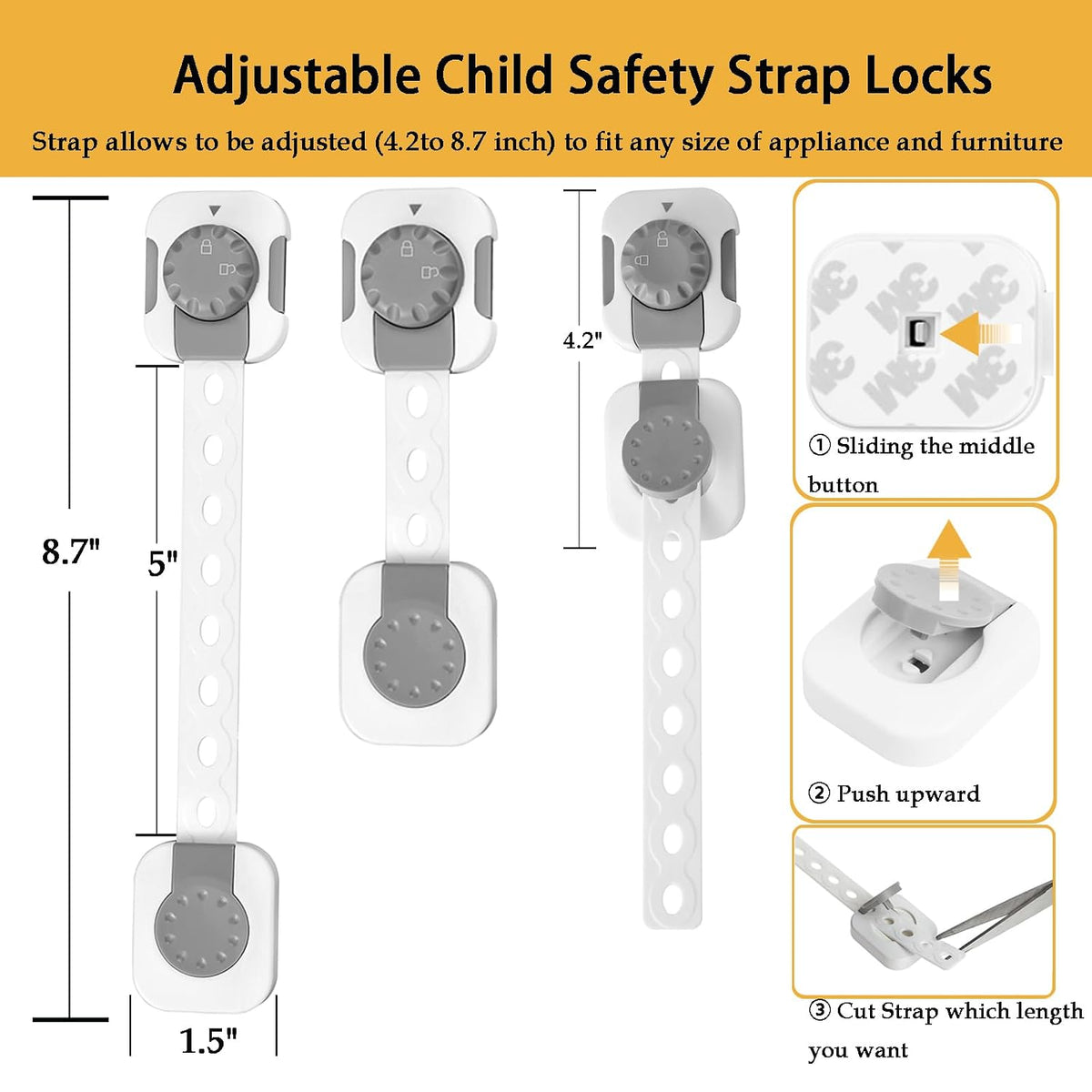 Child Safety Cabinet Proofing, Baby Cabinet Locks Adhesive Adjustable Child Safety Strap Locks Drawer Fridge Ovens Toilet Latches No Screws for Furniture Kitchen