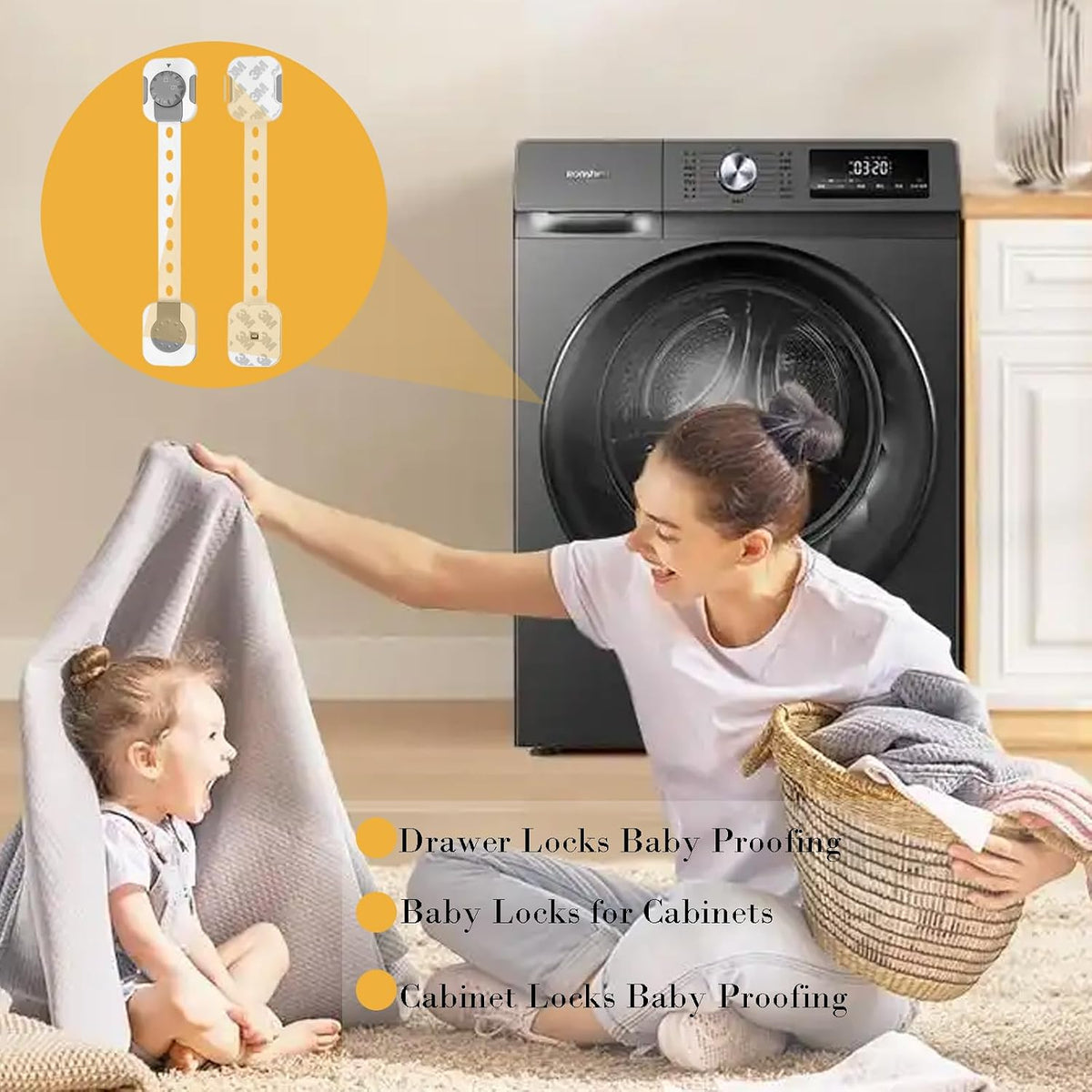 Child Safety Cabinet Proofing, Baby Cabinet Locks Adhesive Adjustable Child Safety Strap Locks Drawer Fridge Ovens Toilet Latches No Screws for Furniture Kitchen