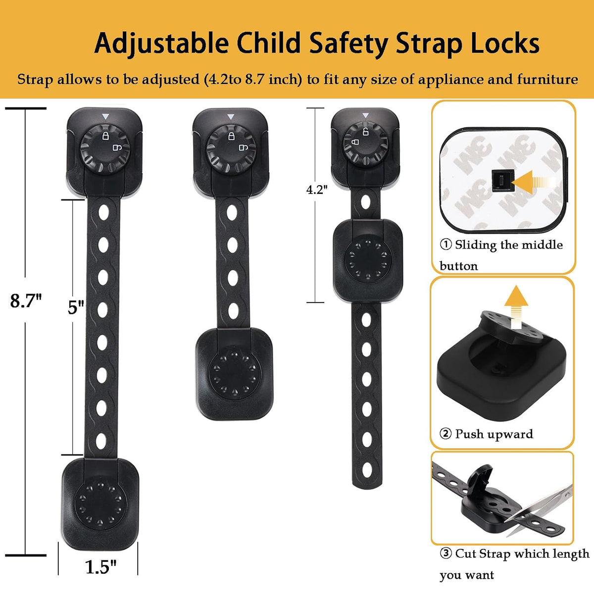 Child Safety Cabinet Proofing, Baby Cabinet Locks Adhesive Adjustable Child Safety Strap Locks Drawer Fridge Ovens Toilet Latches No Screws for Furniture Kitchen