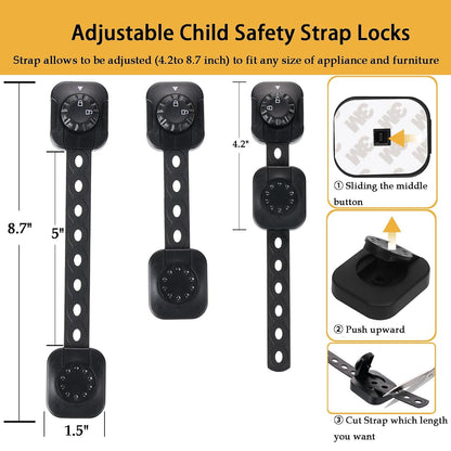 Child Safety Cabinet Proofing, Baby Cabinet Locks Adhesive Adjustable Child Safety Strap Locks Drawer Fridge Ovens Toilet Latches No Screws for Furniture Kitchen