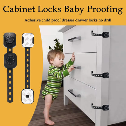 Child Safety Cabinet Proofing, Baby Cabinet Locks Adhesive Adjustable Child Safety Strap Locks Drawer Fridge Ovens Toilet Latches No Screws for Furniture Kitchen