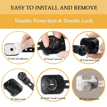 Child Safety Cabinet Proofing, Baby Cabinet Locks Adhesive Adjustable Child Safety Strap Locks Drawer Fridge Ovens Toilet Latches No Screws for Furniture Kitchen