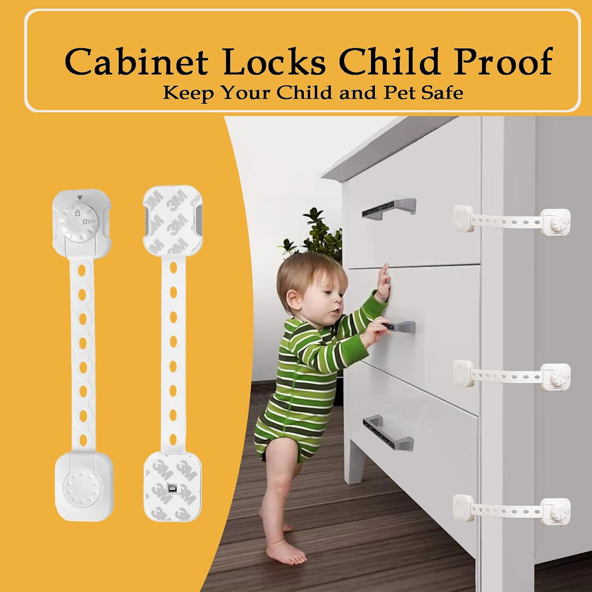 Child Safety Cabinet Proofing, Baby Cabinet Locks Adhesive Adjustable Child Safety Strap Locks Drawer Fridge Ovens Toilet Latches No Screws for Furniture Kitchen