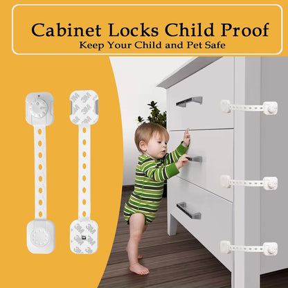 Child Safety Cabinet Proofing, Baby Cabinet Locks Adhesive Adjustable Child Safety Strap Locks Drawer Fridge Ovens Toilet Latches No Screws for Furniture Kitchen